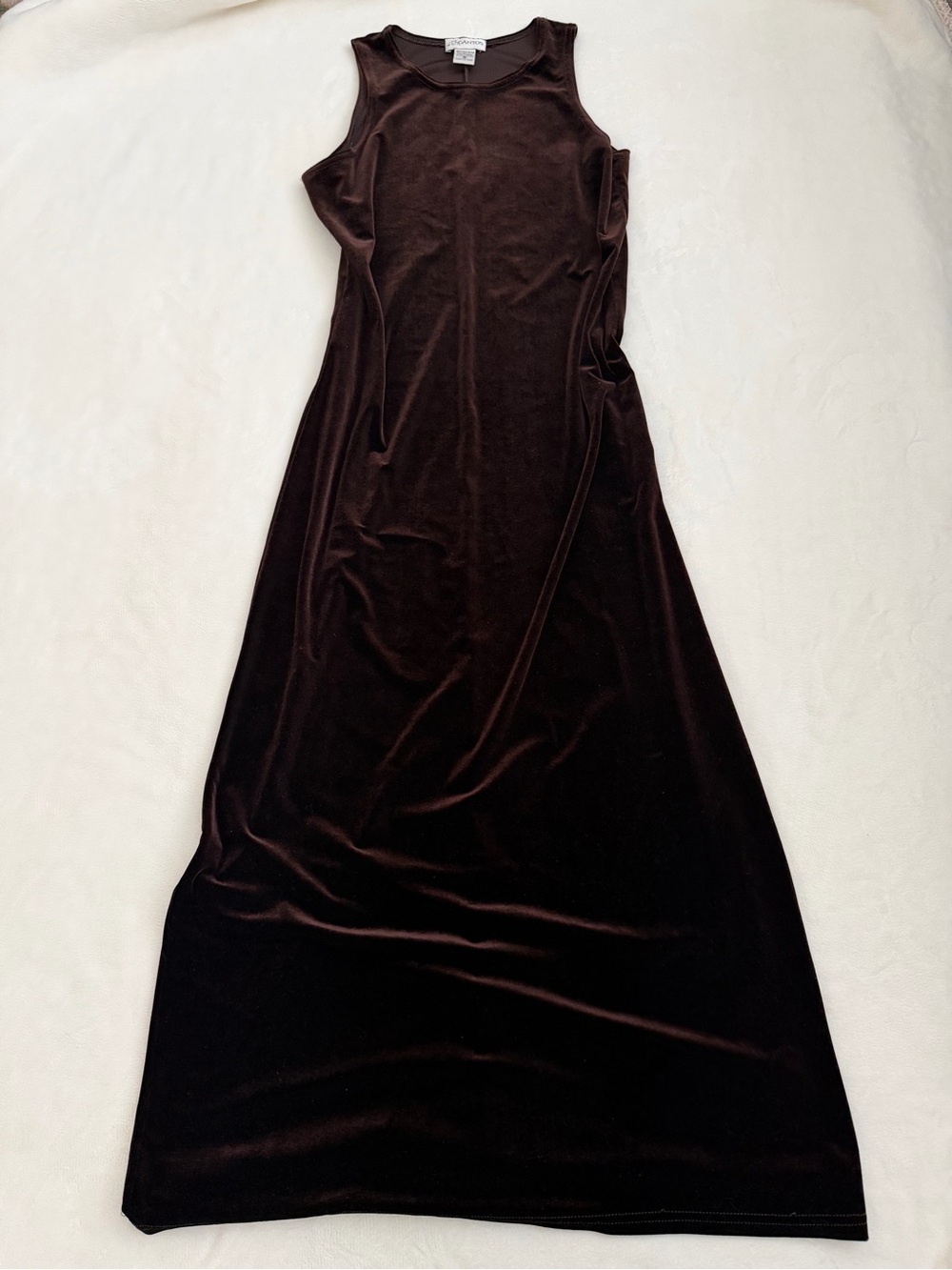 Gantos Brown Velvet Maxi Dress Vintage 90s Sleeveless Stretch Medium